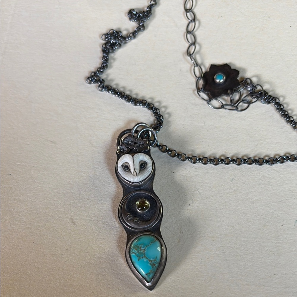 Unique Crafted Silver and Turquoise Owl Pendant Necklace